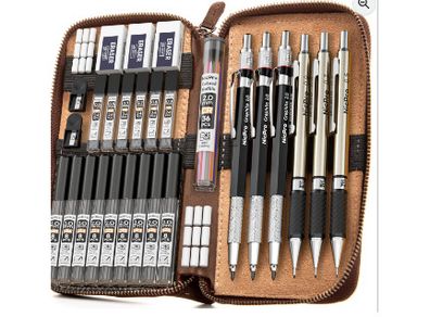 Nicpro 29PCS Art Mechanical Pencils Set in Leather Case, Metal Drafting Pencil 0.5, 0.7, 0.9 mm, 2mm Lead Pencil Holders for Sketching Drawing