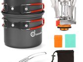 Camping Cookware Set With Stove and Tableware - Portable Campfire Stainless Steel Cook Gear Outdoor Traveling Cooking Utensils Kit for Trekking Hiking Picnic