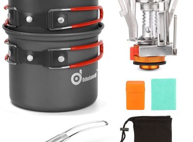 Camping Cookware Set With Stove and Tableware - Portable Campfire Stainless Steel Cook Gear Outdoor Traveling Cooking Utensils Kit for Trekking Hiking Picnic