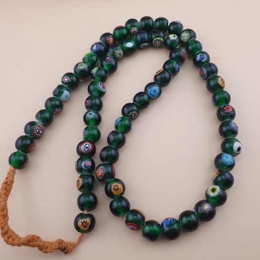 Vintage African Eyes Green Glass Beads Necklace 22 inches