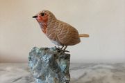 Hand-Carved Gemstone European Robin on Raw Crystal Base