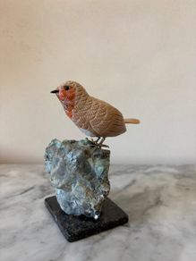 Hand-Carved Gemstone European Robin on Raw Crystal Base