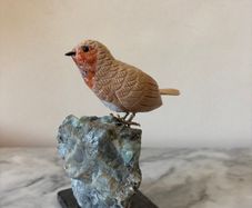 Hand-Carved Gemstone European Robin on Raw Crystal Base