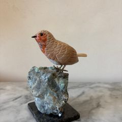 Hand-Carved Gemstone European Robin on Raw Crystal Base
