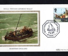 1982 Great Britain beham Silke Cover showing Vintage Lifeboat Rally With RNLI Vintage Lifeboat Fally Ipswich cancel tying 14p Cockle-dredging commemorative stamp