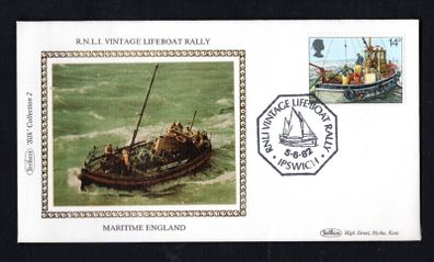 1982 Great Britain beham Silke Cover showing Vintage Lifeboat Rally With RNLI Vintage Lifeboat Fally Ipswich cancel tying 14p Cockle-dredging commemorative stamp