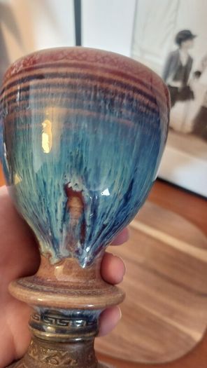 Wonderful Pair of Studio Art Pottery Goblets by Martin Branch Lyre Pottery, Cloncorban, Rossmore, Clonakilty, West Cork in a Fabulous Colourful Variegated Glaze. Pair Two