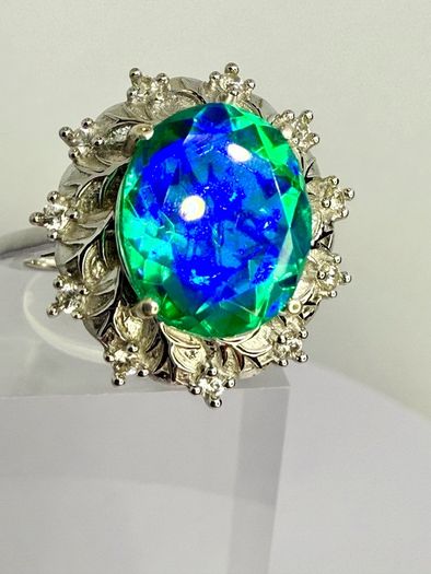 Peacock Triplet Quartz & White Zircon Ring