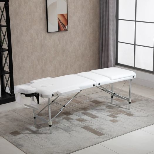 Mobile 3-Zone Folding Massage Table with Headrest Armrest Carry Bag Height-Adjustable Aluminum Portable Massage Bed incl. Accessories Massage Bench up to 225 kg Load White