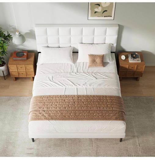 Double Bed Frame, Easy Assembly, Sturdy Wooden Slat Support, Upholstered Platform with Headboard, No Box Spring Needed, White Double Bed 135x190