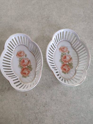 SET OF 2 Bavaria Schumann reticulated tray or dish hand painted floral pattern perfect dresser dish