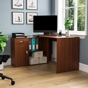 Longton Adjustable, L-Shaped Computer Desk with Shelves, Drawer and Door, Home Office PC/Laptop Table, Gaming Study Workstation, Furniture, Walnut