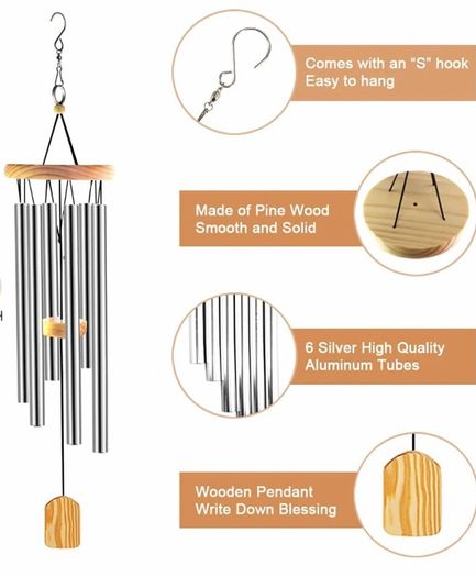 Wind Chimes Outdoor, Garden Wind Chime for Patio Backyard Home Decor 6 Aluminum Alloy Tubes (Silver)