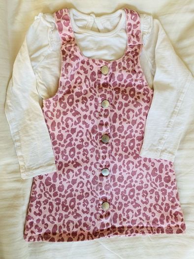 Pink leopard pinafore with white long sleeved top 2-3