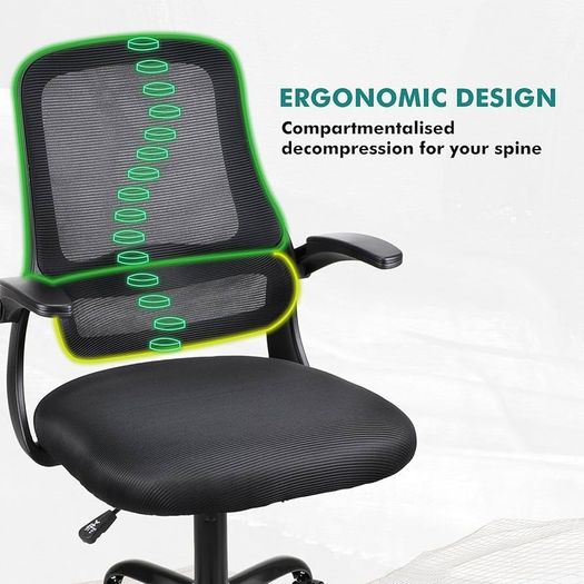 Adjustable ergonomic mesh swivel chair, office and study seat with lumbar support, height adjustment, 360 rotation, 90 flip-up armrests for home office(Black)