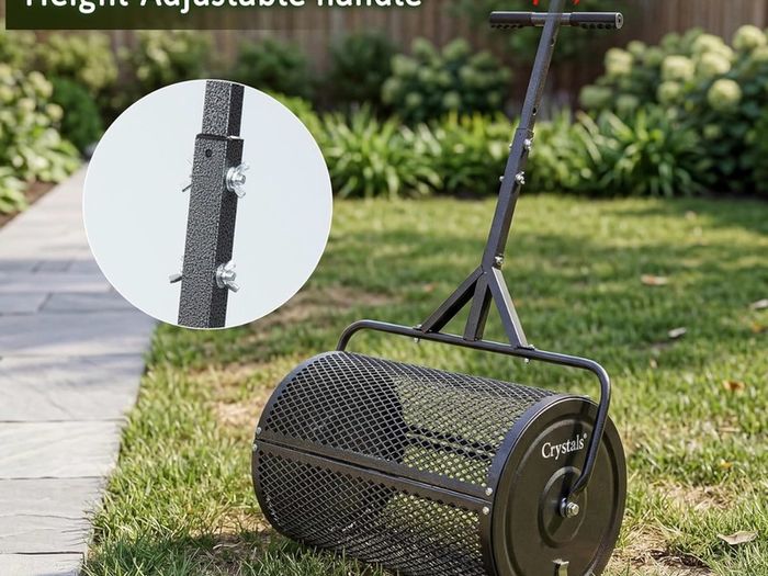 24" Compost Spreader Roller 70L Lawn Garden Spreader, Heavy Duty Steel Mesh Drum for Top Soil, Sand, Manure & Fertiliser, Compost Spreader for Lawn & Soil Spreader Tool