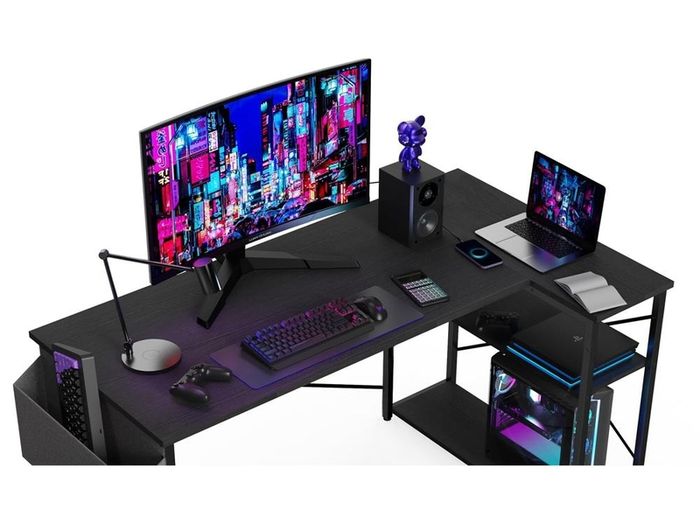 Shaped Gaming Desk, 100x70 cm Computer Corner Desk with Storage Bag, Office Desk Small Writing Table with Large Reversible Storage Shelves, Workstation for Study Play Work Home Office, Black
