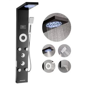 Shower Panel Tower System with Rainfall Shower Head, LED, 53 in Brushed Stainless Steel Shower Column, 6-Function Faucet, Wall-Mount Rain Massage