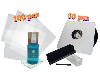 30% OFF! Budget Pack! 100 x Premium Plastic Record Covers(450Gauge) + 50 x Paper Inner Sleeves + Vinyl Record Cleaner Spray With Cloth (200ml) + Anti-static Velvet Cleaning Pad (+ Stylus Brush)