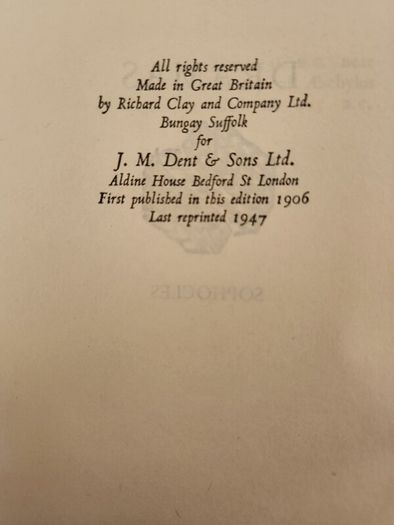The Dreams of Sophocles. Translated By Sir George Young . 1947 Everysman Library. Hardback In Good Condition.