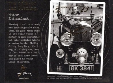 2014 Alderney Life of Ian Fleming 1908-1964 (Author of James Bond Series) showing as a Motor Enthusiast Commemorative Stamp Miniature Sheet Mint Never Hinged