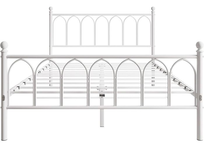 Double Metal Bed Frame 135 x 190 cm with Headboard and Footboard Heavy Duty Foundation,Metal Slat Support,White,