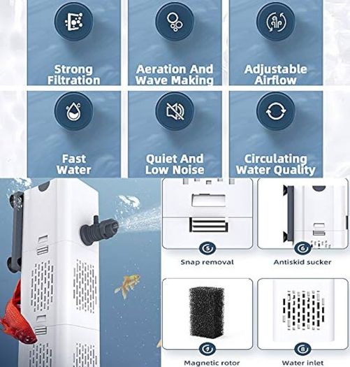 NEW SALE | Quiet Fish Tank Filter 4-in-1 Internal Aquarium Filter,500L/H Submersible Water Pump Oxygen Aeration Wave Maker Water Change for Betta, Turtle, Pond Fish
