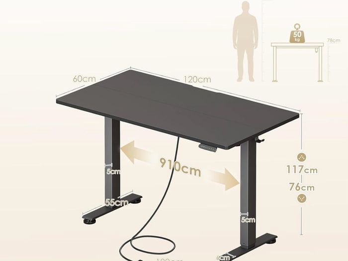 Electric Standing Desk, 120x60cm Height Adjustable Desk with 2 Memory Presets, Quiet Sit Stand Desk for Home Office Bedroom Living Room, Ergonomic Computer Desk with Hooks & Cable Holes, Black