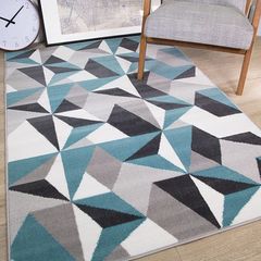 Grey Silver Cream Duck Egg Blue Kaleidoscope Geometric Modern Traditional Living Room Rug (FREE POSTAGE)