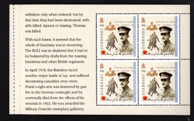 2014 Guernsey Stories from the Great War (I) 66p Lt Frank Laine Commemorative Stamp Booklet Pane Mint Never Hinged (MNH).