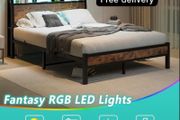 King Size Bed Frame, Black | Charging Station, LED Lights, Wood Headboard with Storage Shelves, Heavy Duty Metal Slats, No Box Spring Needed