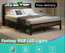 King Size Bed Frame, Black | Charging Station, LED Lights, Wood Headboard with Storage Shelves, Heavy Duty Metal Slats, No Box Spring Needed