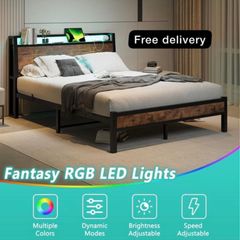 King Size Bed Frame, Black | Charging Station, LED Lights, Wood Headboard with Storage Shelves, Heavy Duty Metal Slats, No Box Spring Needed