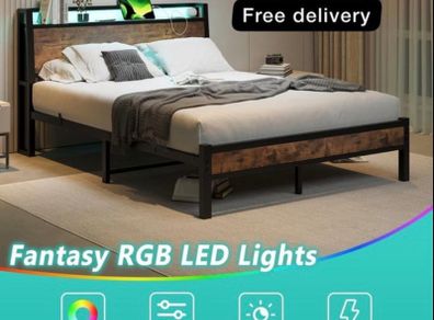 King Size Bed Frame, Black | Charging Station, LED Lights, Wood Headboard with Storage Shelves, Heavy Duty Metal Slats, No Box Spring Needed
