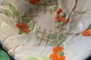 This lovely hand painted textured majolica floral dish is Bewley china c1930. Rare find