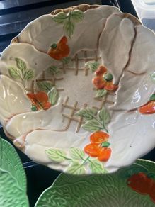 This lovely hand painted textured majolica floral dish is Bewley china c1930. Rare find