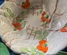 This lovely hand painted textured majolica floral dish is Bewley china c1930. Rare find