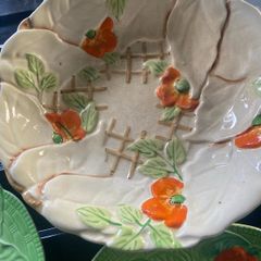This lovely hand painted textured majolica floral dish is Bewley china c1930. Rare find