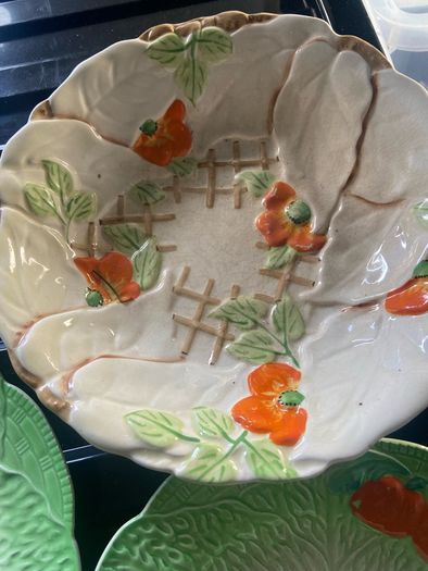 This lovely hand painted textured majolica floral dish is Bewley china c1930. Rare find