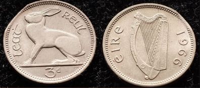 [#1254] - Ireland 1966| 3 Pence | Irish 3d | Hare | KM.12a