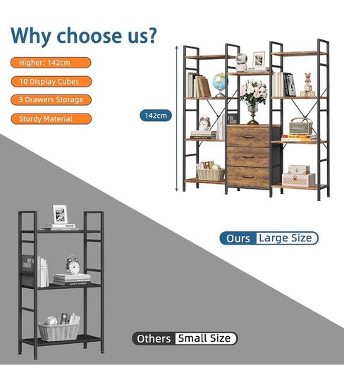 4-Tier Bookcase with Drawers, 100cm Wide Rustic Brown Shelving Unit 142cm Height, 10 Open Shelves + 3 Fabric Drawers, Industrial Rustic, For Living/Bedroom/Home Office, Large Storage