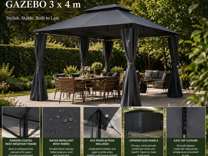 3 x 4m Metal Garden Gazebo with Side Curtains Water-Repellent UV50+ Outdoor Gazebo