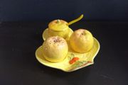 Superb Vintage Five Piece Fruit-Shaped Cruet Set with Yellow Plastic Spoon in Excellent Condition