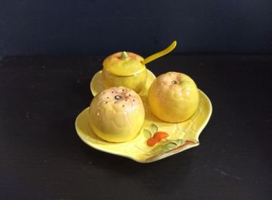 Superb Vintage Five Piece Fruit-Shaped Cruet Set with Yellow Plastic Spoon in Excellent Condition