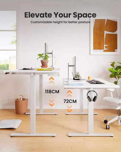 Electric Standing Desk 160 x 80 cm Height Adjustable Sit Stand Table with Easy-Glide Drawer 4 Memory Smart Pannal T-Leg Design for Stability Splice Board White Frame Surface