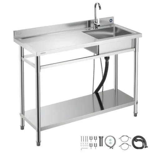 Stainless Steel Utility Sink, Free Standing Single Bowl Commercial Kitchen Sink with Faucet, Utility Left Basin Workbench with Hot & Cold Water Pipe for Garage Restaurant Laundry, 1200x500x940mm