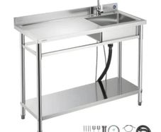 Stainless Steel Utility Sink, Free Standing Single Bowl Commercial Kitchen Sink with Faucet, Utility Left Basin Workbench with Hot & Cold Water Pipe for Garage Restaurant Laundry, 1200x500x940mm