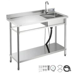 Stainless Steel Utility Sink, Free Standing Single Bowl Commercial Kitchen Sink with Faucet, Utility Left Basin Workbench with Hot & Cold Water Pipe for Garage Restaurant Laundry, 1200x500x940mm