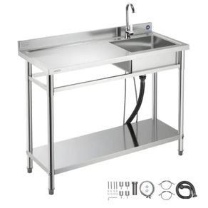 Stainless Steel Utility Sink, Free Standing Single Bowl Commercial Kitchen Sink with Faucet, Utility Left Basin Workbench with Hot & Cold Water Pipe for Garage Restaurant Laundry, 1200x500x940mm