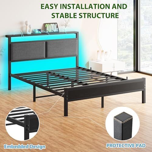 Metal Bed Frame Double Platform Upholstered Bed Frame with Storage Headboard, Heavy Duty Metal Bed
